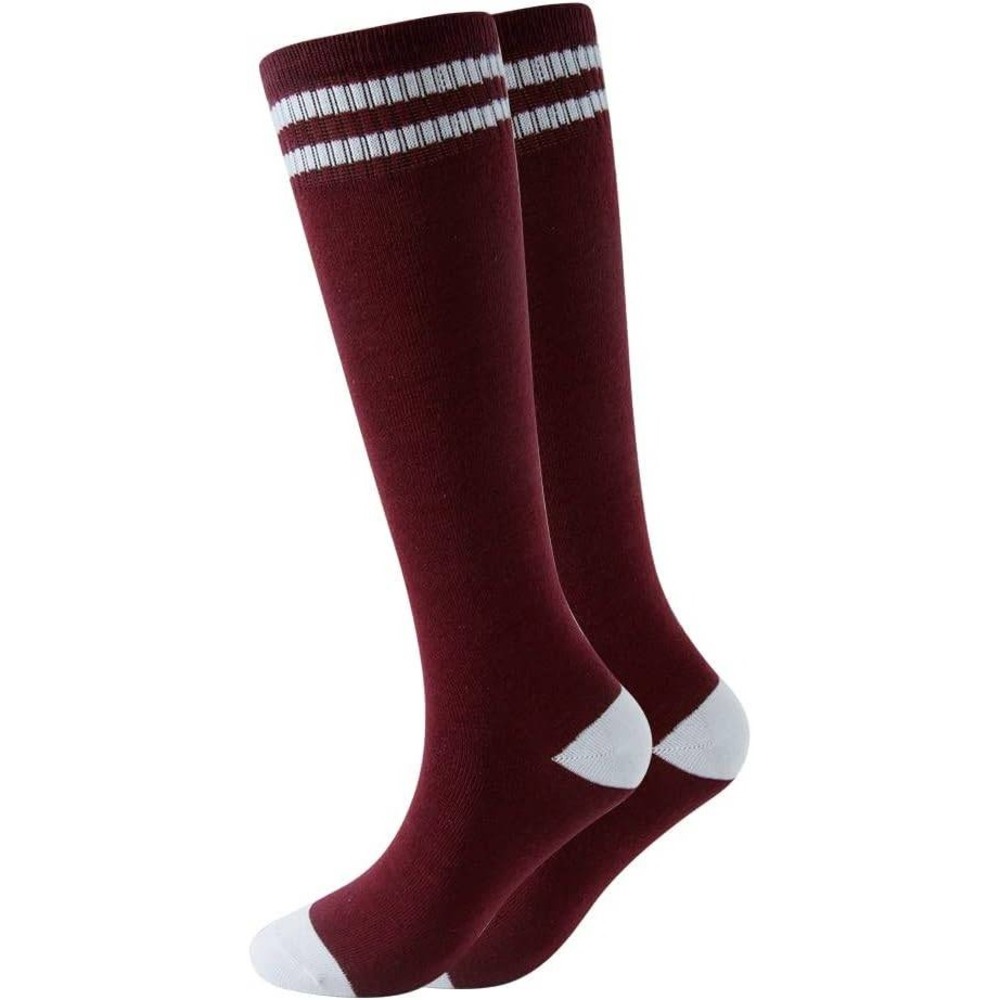 Kids Knee High Socks School‎ Uniform Sport Stripe Cuff Burgundy White 6-10YR